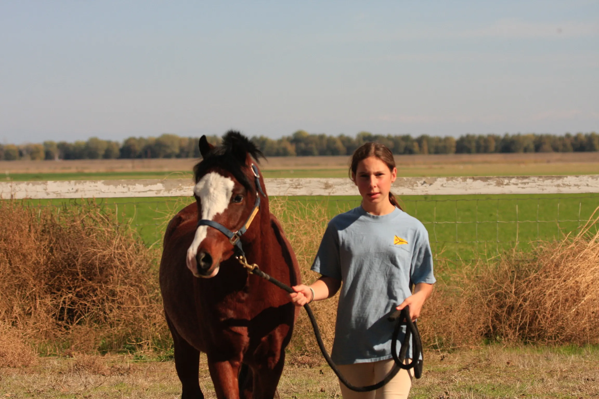 A young rider leading their horse in from the field at Russell Ranch